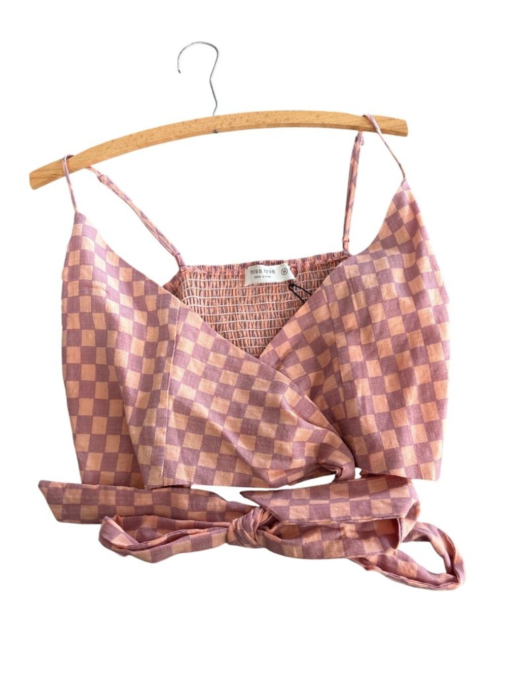 Miss Love Alessia Wrap Top Size Medium Checkered Crop Smocked Back Feminine NEW